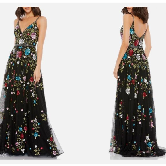 MAC DUGGAL 5400 FLORAL EMBELLISHED A-LINE BLACK/multi color GOWN DRESS sz 8 - Picture 3 of 3